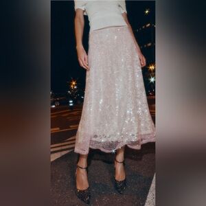 Zara Cream Sequin Midi Skirt SEQUINED KNIT MIDI SKIRT